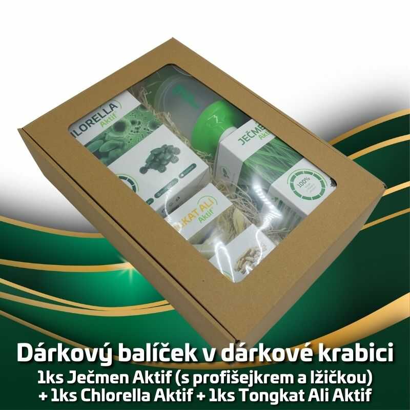 Dárkový balíček 1ks Ječmen Aktif (s profišejkrem a lžičkou) + 1ks Chlorella Aktif + 1ks Tongkat Ali Aktif