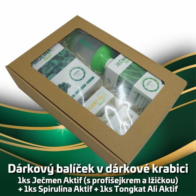 Dárkový balíček 1ks Ječmen Aktif (s profišejkrem a lžičkou) + 1ks Spirulina Aktif + 1ks Tongkat Ali Aktif