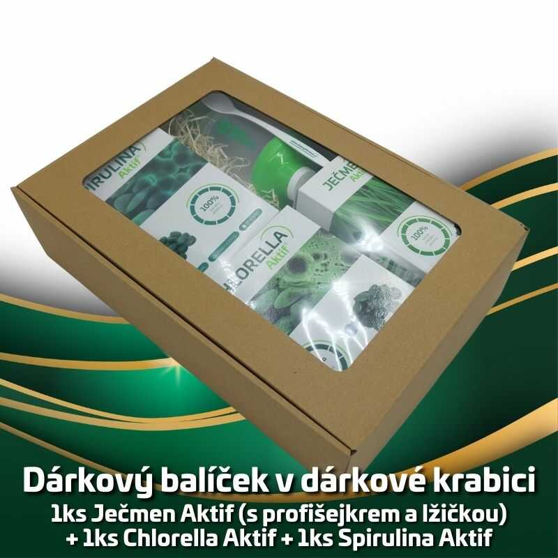 Dárkový balíček 1ks Ječmen Aktif (s profišejkrem a lžičkou) + 1ks Chlorella Aktif + 1ks Spirulina Aktif na 2,5 měsíce (≈ 48 Kč denně)