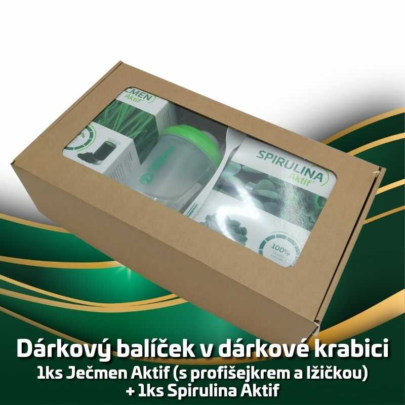 Dárkový balíček 1ks Ječmen Aktif (s profišejkrem a lžičkou) + 1ks Spirulina Aktif
