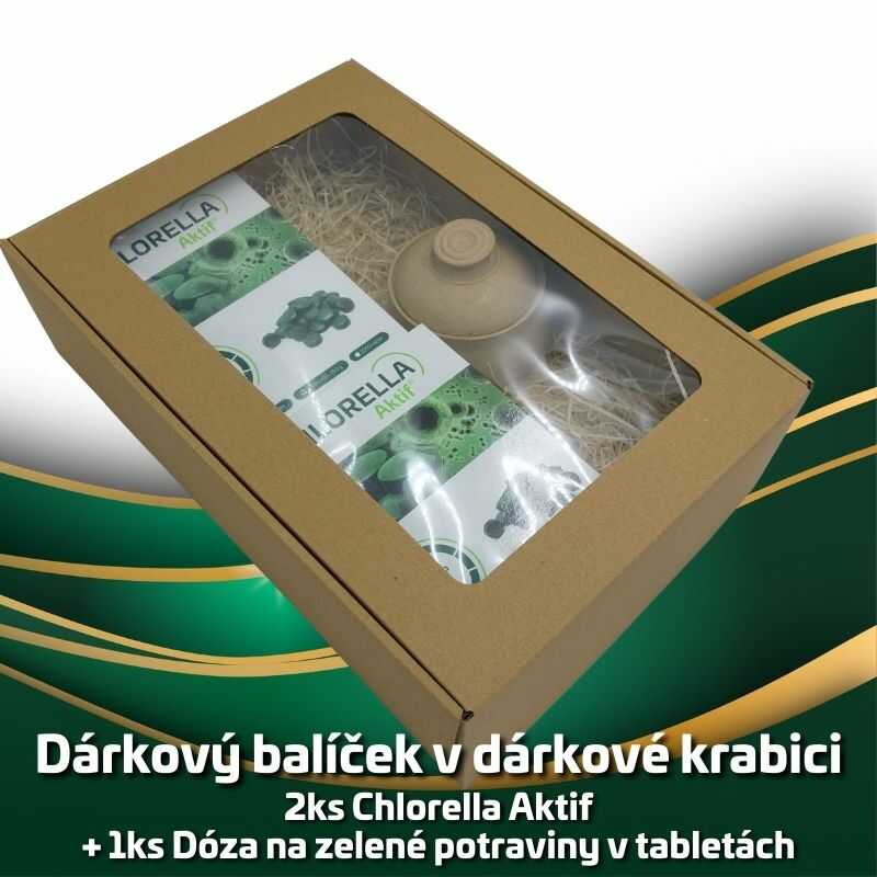 Dárkový balíček 2ks Chlorella Aktif + 1ks Dóza na zelené potraviny v tabletách