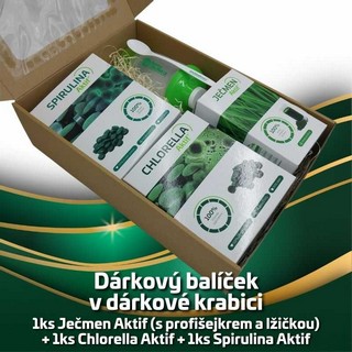 Dárkový balíček 1ks Ječmen Aktif (s profišejkrem a lžičkou) + 1ks Chlorella Aktif + 1ks Spirulina Aktif na 2,5 měsíce (≈ 48 Kč denně)