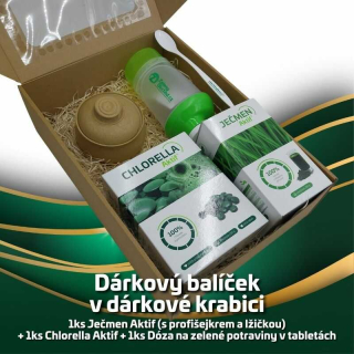 Dárkový balíček 1ks Ječmen Aktif (s profišejkrem a lžičkou) + 1ks Chlorella Aktif + 1ks Dóza na zelené potraviny v tabletách