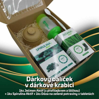Dárkový balíček 1ks Ječmen Aktif (s profišejkrem a lžičkou) + 1ks Spirulina Aktif + 1ks Dóza na zelené potraviny v tabletách