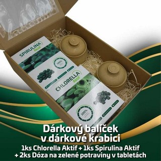 Dárkový balíček 1ks Chlorella Aktif + 1ks Spirulina Aktif  + 2ks Dóza na zelené potraviny v tabletách